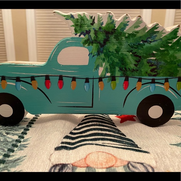 Blue Farmhouse Christmas PickUp Truck Carrying A Christmas Tree Wood Decor Sign - Picture 8 of 15